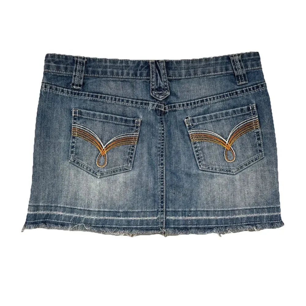 SO Denim Mini Skirt 9 (W31 Length 12.5) Blue Cotton Distressed Fray Hem Juniors